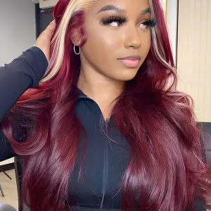 Burgundy Color Straight Hair With Blonde Skunk Stripe 13x4 Lace Front Wig Highlights Ombre Hair